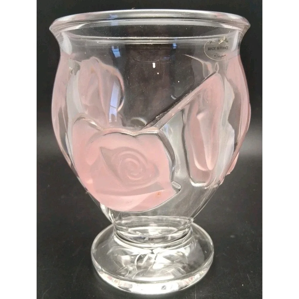 Vintage 1980s Made In France Raised Pink Rose Heavy Crystal Vase